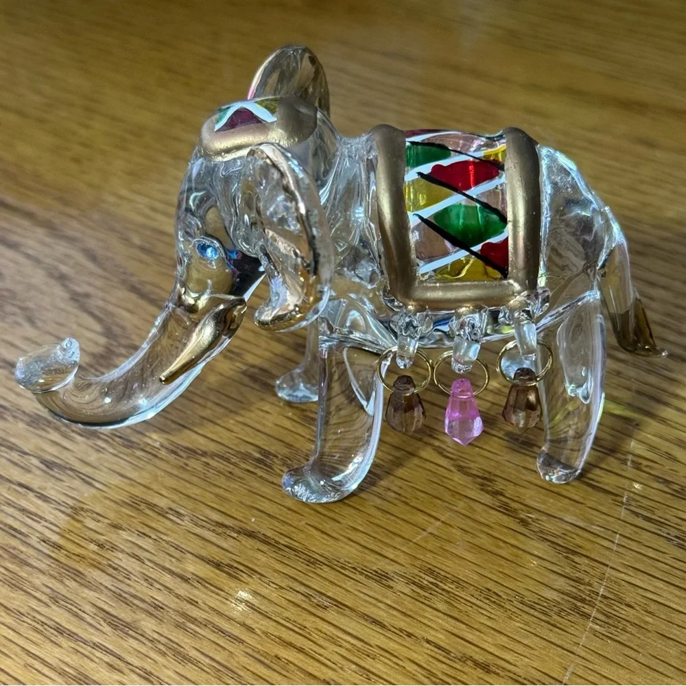 Spun Glass Hand Painted Elephant Figurine With Beads and Gold Accent‎